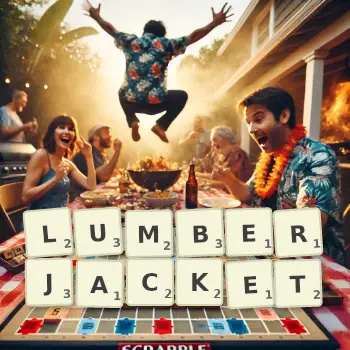 Creative illustration for a Scrabble game with the word LUMBERJACKET spelled out in tiles on the board.