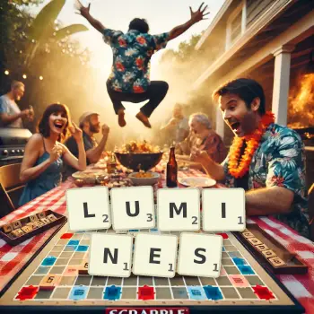 Creative illustration for a Scrabble game with the word LUMINES spelled out in tiles on the board.