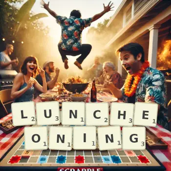 Creative illustration for a Scrabble game with the word LUNCHEONING spelled out in tiles on the board.