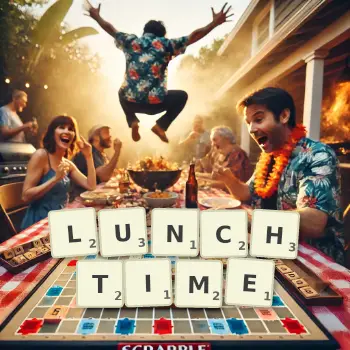 Creative illustration for a Scrabble game with the word LUNCHTIME spelled out in tiles on the board.