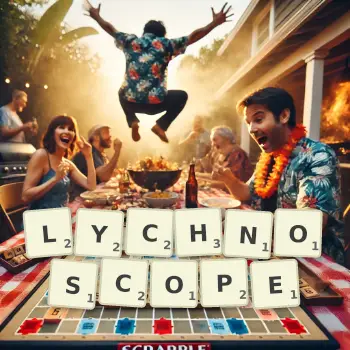 Creative illustration for a Scrabble game with the word LYCHNOSCOPE spelled out in tiles on the board.