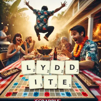 Creative illustration for a Scrabble game with the word LYDDITE spelled out in tiles on the board.
