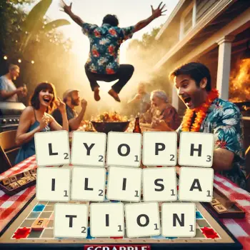 Creative illustration for a Scrabble game with the word LYOPHILISATION spelled out in tiles on the board.