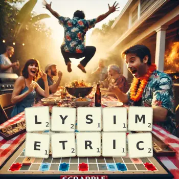 Creative illustration for a Scrabble game with the word LYSIMETRIC spelled out in tiles on the board.