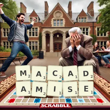 Creative illustration for a Scrabble game with the word MACADAMISE spelled out in tiles on the board.