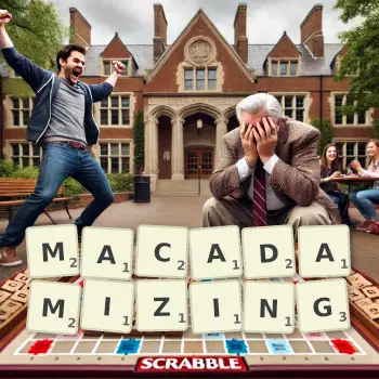 Creative illustration for a Scrabble game with the word MACADAMIZING spelled out in tiles on the board.