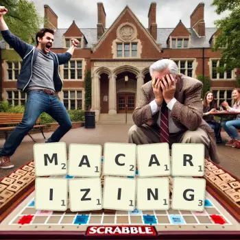 Creative illustration for a Scrabble game with the word MACARIZING spelled out in tiles on the board.