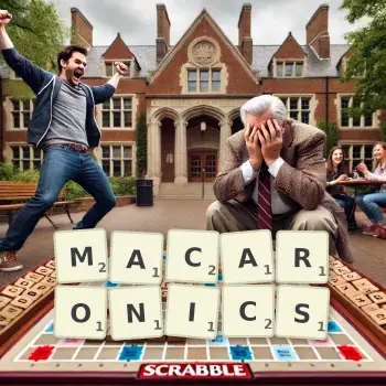Creative illustration for a Scrabble game with the word MACARONICS spelled out in tiles on the board.