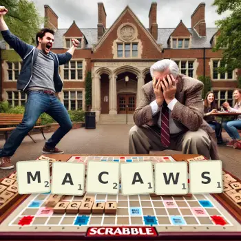 Creative illustration for a Scrabble game with the word MACAWS spelled out in tiles on the board.