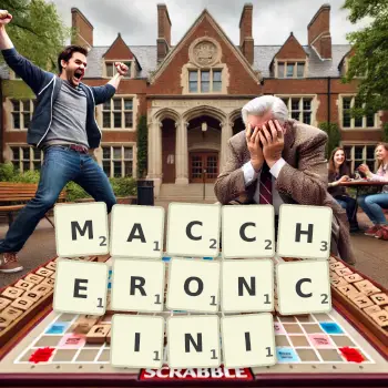 Creative illustration for a Scrabble game with the word MACCHERONCINI spelled out in tiles on the board.