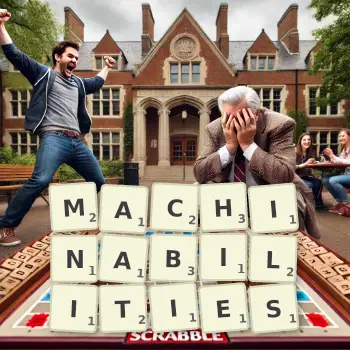 Creative illustration for a Scrabble game with the word MACHINABILITIES spelled out in tiles on the board.