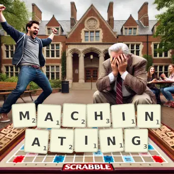 Creative illustration for a Scrabble game with the word MACHINATING spelled out in tiles on the board.