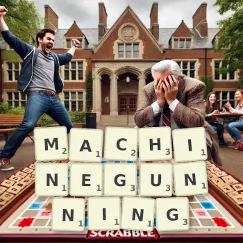 Creative illustration for a Scrabble game with the word MACHINEGUNNING spelled out in tiles on the board.