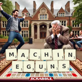 Creative illustration for a Scrabble game with the word MACHINEGUNS spelled out in tiles on the board.
