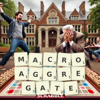 Creative illustration for a Scrabble game with the word MACROAGGREGATE spelled out in tiles on the board.