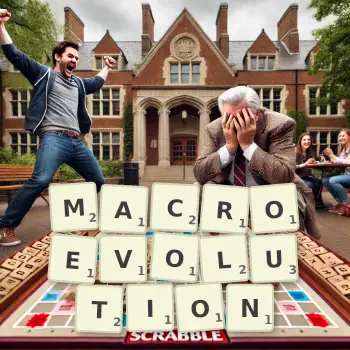 Creative illustration for a Scrabble game with the word MACROEVOLUTION spelled out in tiles on the board.