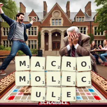 Creative illustration for a Scrabble game with the word MACROMOLECULE spelled out in tiles on the board.