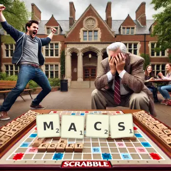 Creative illustration for a Scrabble game with the word MACS spelled out in tiles on the board.