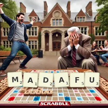 Creative illustration for a Scrabble game with the word MADAFU spelled out in tiles on the board.
