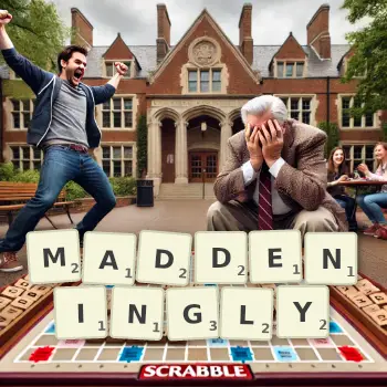 Creative illustration for a Scrabble game with the word MADDENINGLY spelled out in tiles on the board.