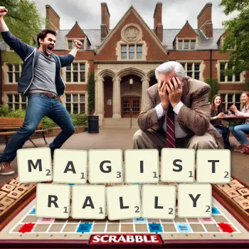 Creative illustration for a Scrabble game with the word MAGISTRALLY spelled out in tiles on the board.