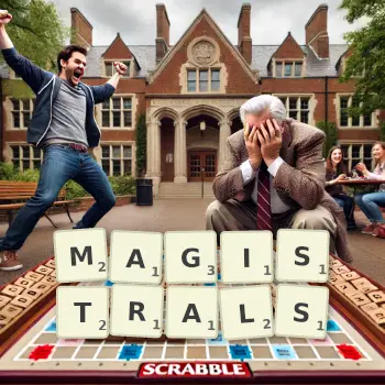 Creative illustration for a Scrabble game with the word MAGISTRALS spelled out in tiles on the board.