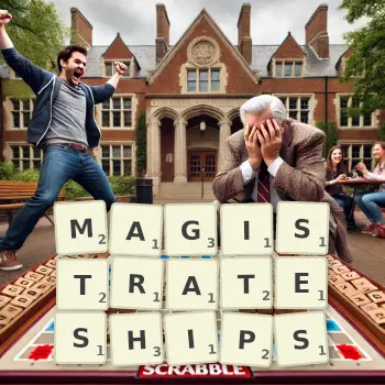 Creative illustration for a Scrabble game with the word MAGISTRATESHIPS spelled out in tiles on the board.