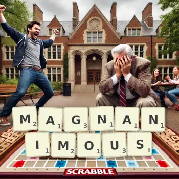 Creative illustration for a Scrabble game with the word MAGNANIMOUS spelled out in tiles on the board.