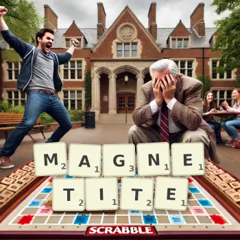 Creative illustration for a Scrabble game with the word MAGNETITE spelled out in tiles on the board.