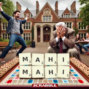 Creative illustration for a Scrabble game with the word MAHIMAHI spelled out in tiles on the board.