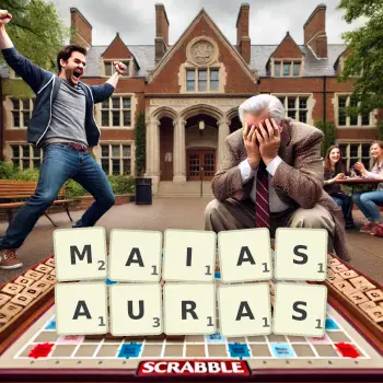 Creative illustration for a Scrabble game with the word MAIASAURAS spelled out in tiles on the board.