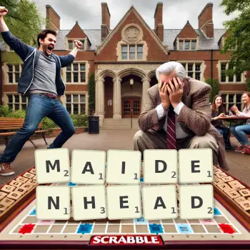 Creative illustration for a Scrabble game with the word MAIDENHEAD spelled out in tiles on the board.