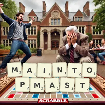 Creative illustration for a Scrabble game with the word MAINTOPMAST spelled out in tiles on the board.