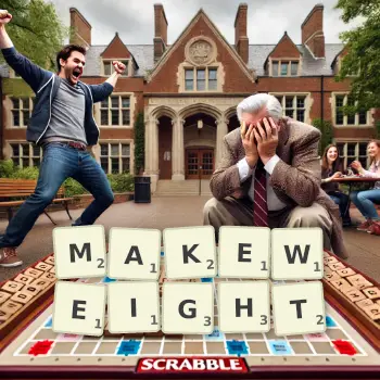 Creative illustration for a Scrabble game with the word MAKEWEIGHT spelled out in tiles on the board.