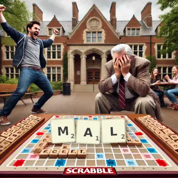 Creative illustration for a Scrabble game with the word MAL spelled out in tiles on the board.