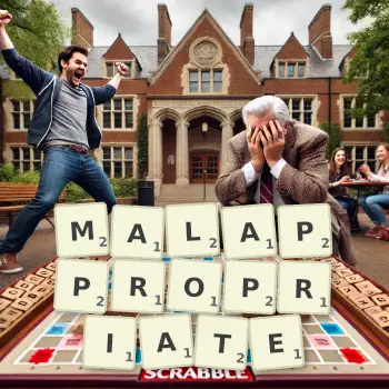 Creative illustration for a Scrabble game with the word MALAPPROPRIATE spelled out in tiles on the board.