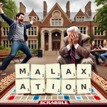 Creative illustration for a Scrabble game with the word MALAXATION spelled out in tiles on the board.