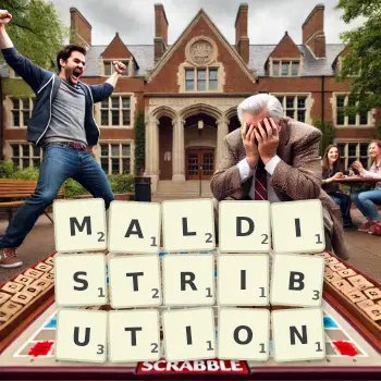Creative illustration for a Scrabble game with the word MALDISTRIBUTION spelled out in tiles on the board.