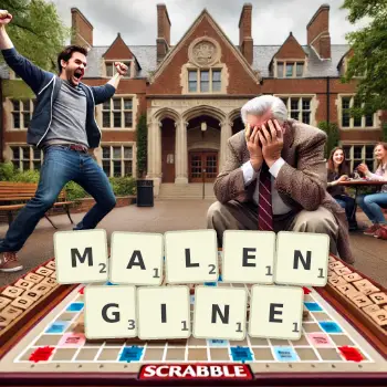 Creative illustration for a Scrabble game with the word MALENGINE spelled out in tiles on the board.