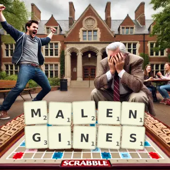 Creative illustration for a Scrabble game with the word MALENGINES spelled out in tiles on the board.