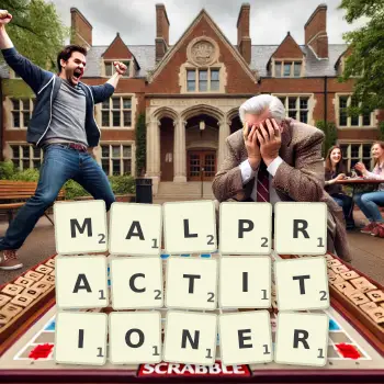 Creative illustration for a Scrabble game with the word MALPRACTITIONER spelled out in tiles on the board.