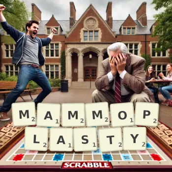 Creative illustration for a Scrabble game with the word MAMMOPLASTY spelled out in tiles on the board.