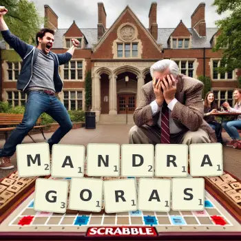 Creative illustration for a Scrabble game with the word MANDRAGORAS spelled out in tiles on the board.