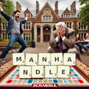 Creative illustration for a Scrabble game with the word MANHANDLE spelled out in tiles on the board.