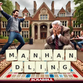 Creative illustration for a Scrabble game with the word MANHANDLING spelled out in tiles on the board.
