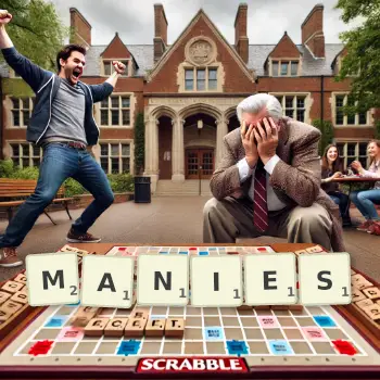 Creative illustration for a Scrabble game with the word MANIES spelled out in tiles on the board.