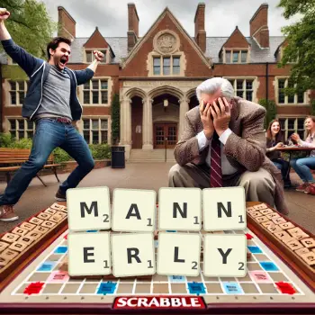 Creative illustration for a Scrabble game with the word MANNERLY spelled out in tiles on the board.