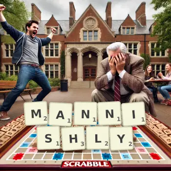 Creative illustration for a Scrabble game with the word MANNISHLY spelled out in tiles on the board.