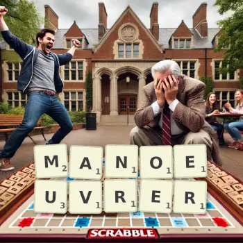 Creative illustration for a Scrabble game with the word MANOEUVRER spelled out in tiles on the board.