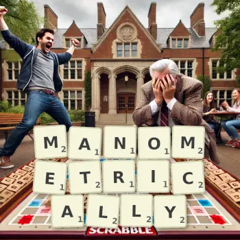 Creative illustration for a Scrabble game with the word MANOMETRICALLY spelled out in tiles on the board.